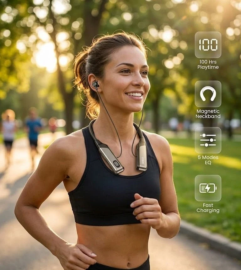 🎧 XKIN Wireless Neckband Earphones – Bluetooth 5.3, 100H Playtime & LED Display