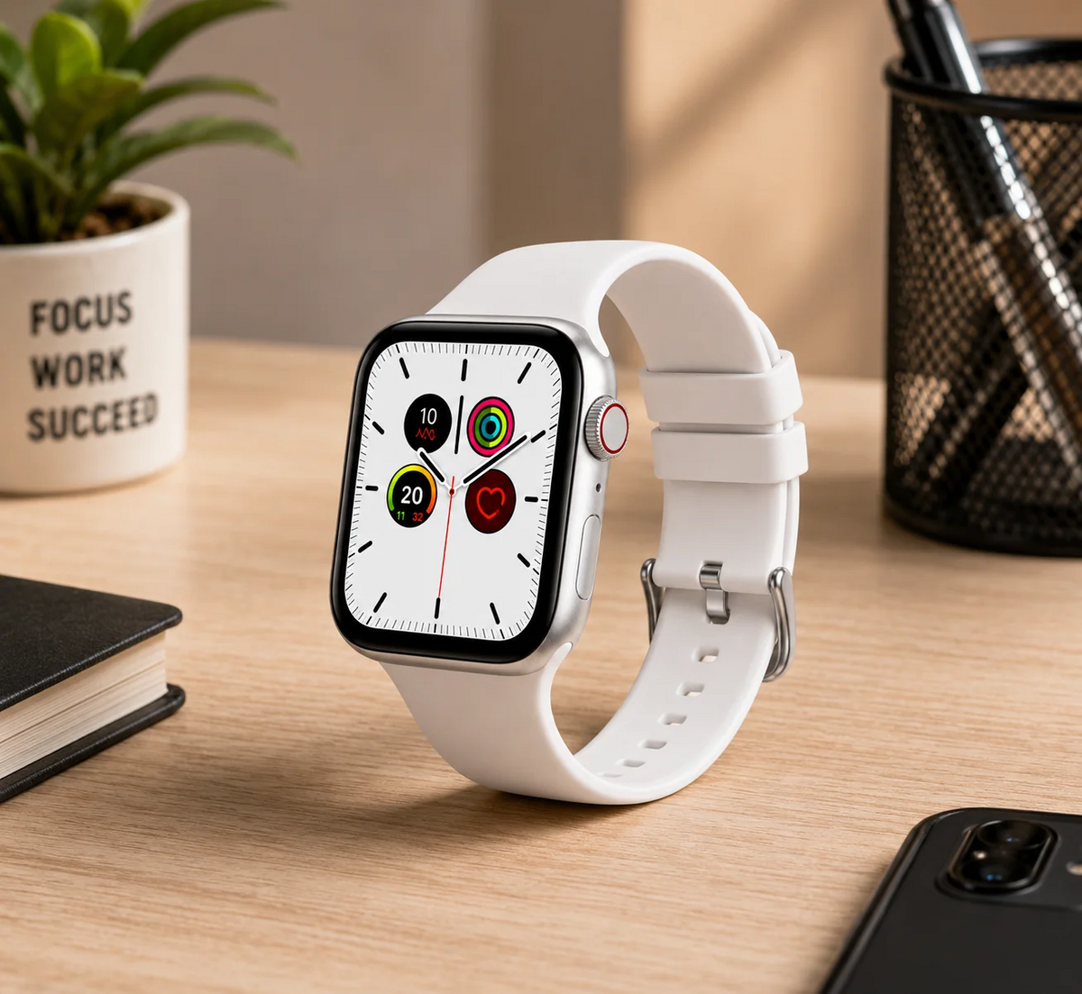 ⌚ Men’s Smart Watch with White Silicone Strap – Modern Silver Square Touchscreen Design