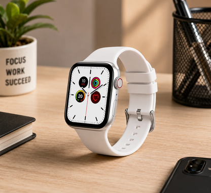 ⌚ Men’s Smart Watch with White Silicone Strap – Modern Silver Square Touchscreen Design