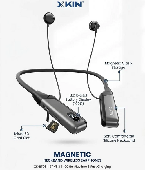 🎧 XKIN Wireless Neckband Earphones – Bluetooth 5.3, 100H Playtime & LED Display