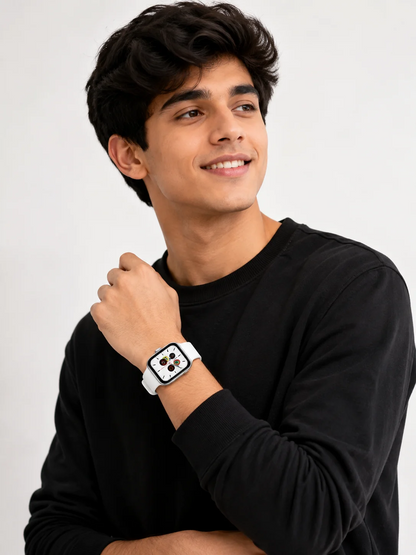 ⌚ Men’s Smart Watch with White Silicone Strap – Modern Silver Square Touchscreen Design