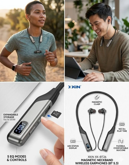 🎧 XKIN Wireless Neckband Earphones – Bluetooth 5.3, 100H Playtime & LED Display