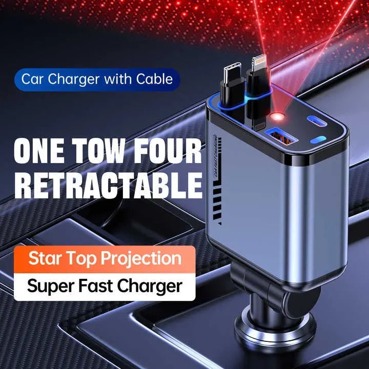 ⚡ Retractable Car Charger 🚗 | 66W Fast Charge | Dual Cable + 4 Ports 🔌