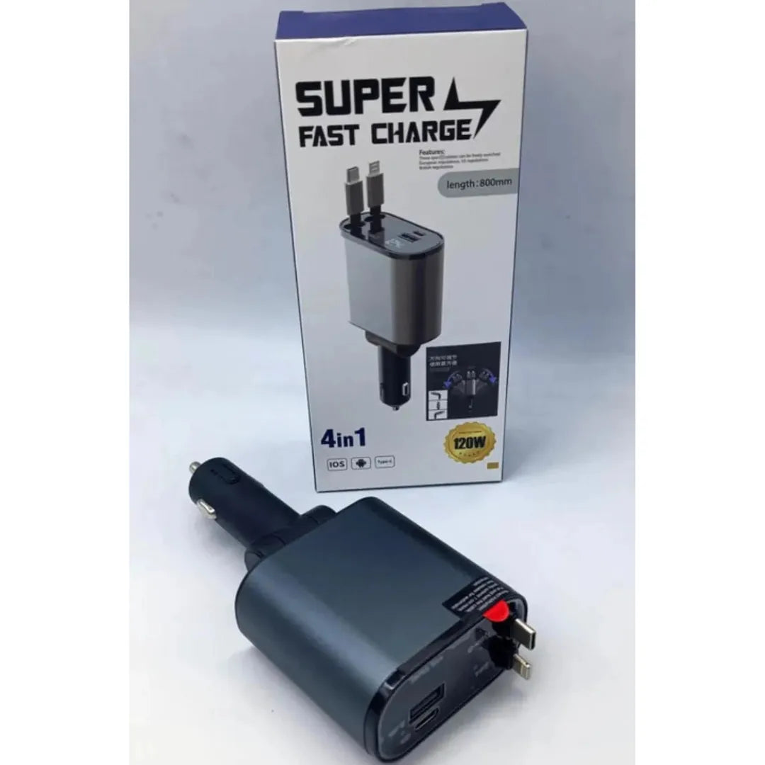 ⚡ Retractable Car Charger 🚗 | 66W Fast Charge | Dual Cable + 4 Ports 🔌