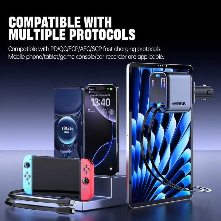 ⚡ Retractable Car Charger 🚗 | 66W Fast Charge | Dual Cable + 4 Ports 🔌