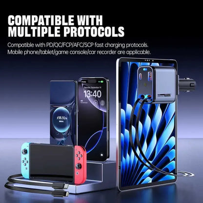 ⚡ Retractable Car Charger 🚗 | 66W Fast Charge | Dual Cable + 4 Ports 🔌