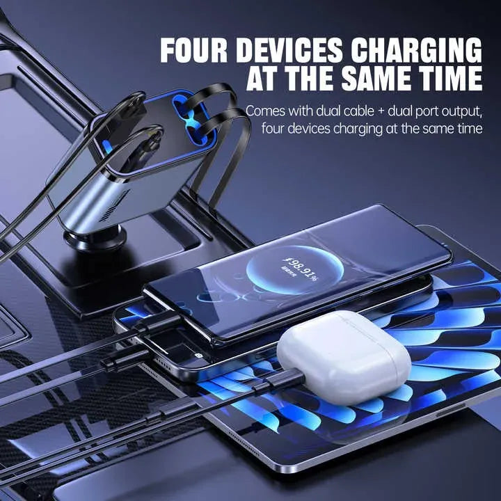 ⚡ Retractable Car Charger 🚗 | 66W Fast Charge | Dual Cable + 4 Ports 🔌