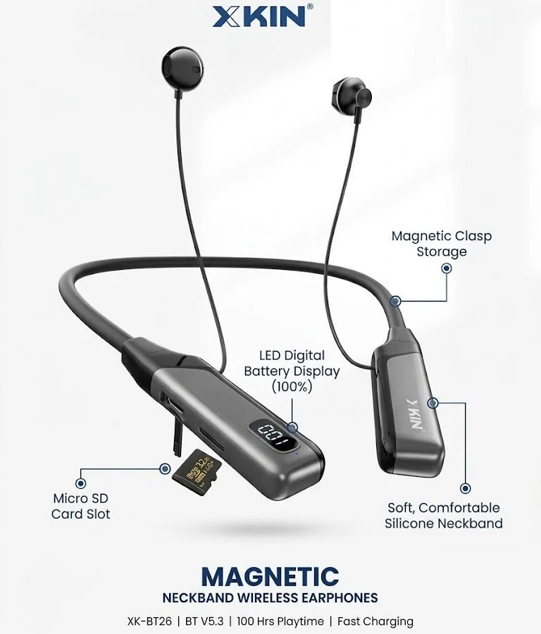 🎧 XKIN Wireless Neckband Earphones – Bluetooth 5.3, 100H Playtime & LED Display